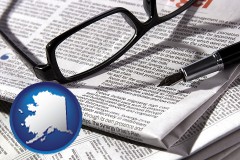 ak map icon and a newspaper, with reading glasses and fountain pen