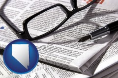 a newspaper, with reading glasses and fountain pen - with NV icon