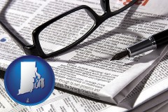 rhode-island map icon and a newspaper, with reading glasses and fountain pen