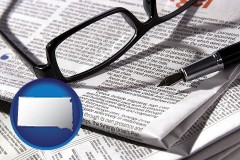 sd map icon and a newspaper, with reading glasses and fountain pen