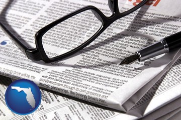 a newspaper, with reading glasses and fountain pen - with Florida icon