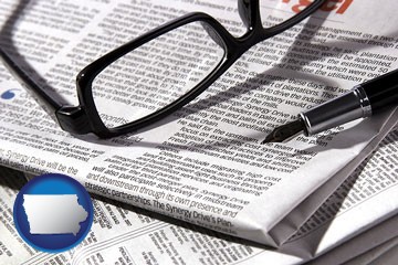 a newspaper, with reading glasses and fountain pen - with Iowa icon