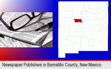 a newspaper, with reading glasses and fountain pen; Bernalillo County highlighted in red on a map