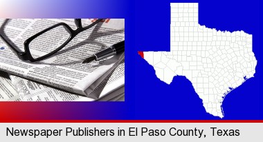 a newspaper, with reading glasses and fountain pen; El Paso County highlighted in red on a map