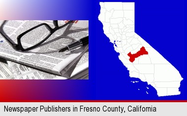 a newspaper, with reading glasses and fountain pen; Fresno County highlighted in red on a map