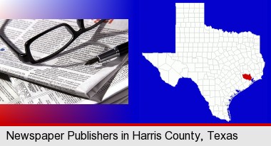 a newspaper, with reading glasses and fountain pen; Harris County highlighted in red on a map