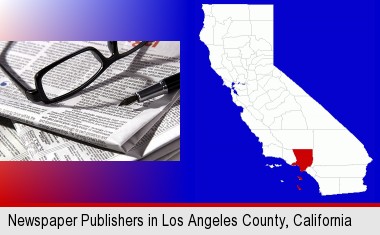 a newspaper, with reading glasses and fountain pen; Los Angeles County highlighted in red on a map