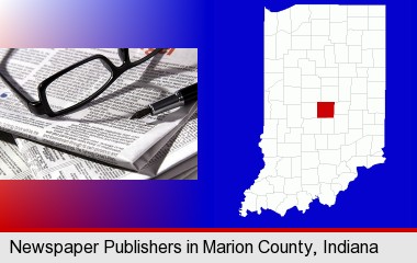 a newspaper, with reading glasses and fountain pen; Marion County highlighted in red on a map