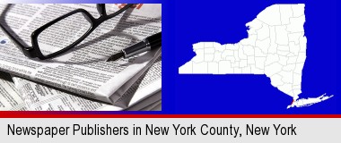a newspaper, with reading glasses and fountain pen; New York County highlighted in red on a map