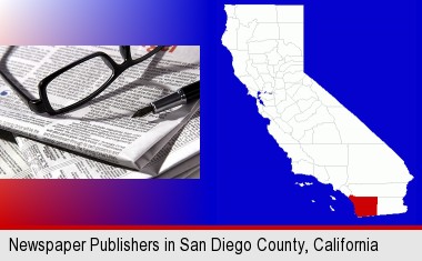a newspaper, with reading glasses and fountain pen; San Diego County highlighted in red on a map