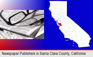 a newspaper, with reading glasses and fountain pen; Santa Clara County highlighted in red on a map