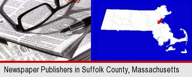 a newspaper, with reading glasses and fountain pen; Suffolk County highlighted in red on a map