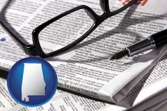 alabama map icon and a newspaper, with reading glasses and fountain pen