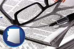 arizona map icon and a newspaper, with reading glasses and fountain pen
