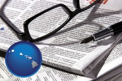 hawaii map icon and a newspaper, with reading glasses and fountain pen