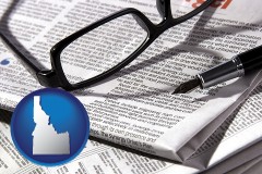 idaho map icon and a newspaper, with reading glasses and fountain pen