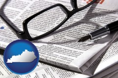 kentucky map icon and a newspaper, with reading glasses and fountain pen