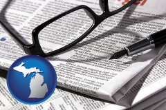 michigan map icon and a newspaper, with reading glasses and fountain pen