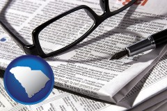 south-carolina map icon and a newspaper, with reading glasses and fountain pen