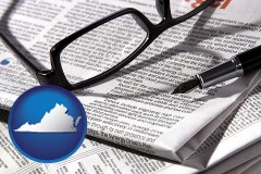 virginia map icon and a newspaper, with reading glasses and fountain pen