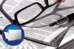 washington map icon and a newspaper, with reading glasses and fountain pen