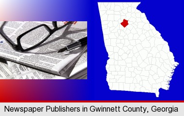 a newspaper, with reading glasses and fountain pen; Gwinnett County highlighted in red on a map