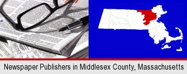 a newspaper, with reading glasses and fountain pen; Middlesex County highlighted in red on a map